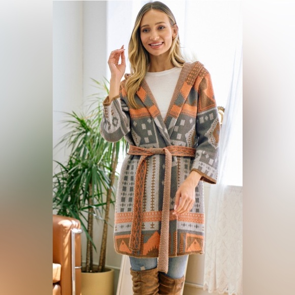 Women’s Grey and light Orange hooded Aztec cardigan with belt. Sizes S, M, L - Picture 4 of 5